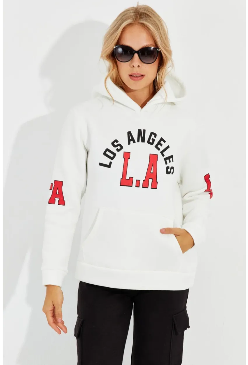 Kadın Ekru Baskılı Kapüşonlu Sweatshirt DA146