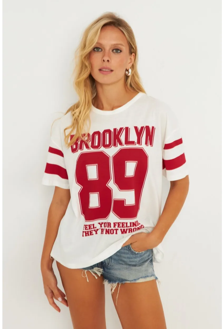 Kadın Ekru Baskılı T-Shirt AYD323