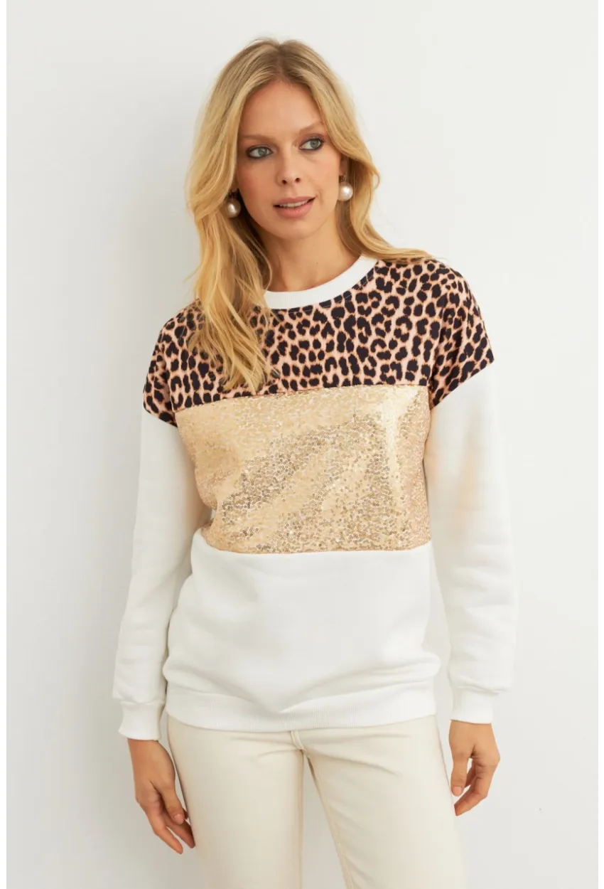 Kadın Ekru Bloklu Sweatshirt MST098