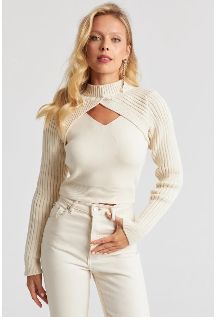 Kadın Ekru Bolerolu Triko Takım YZ524