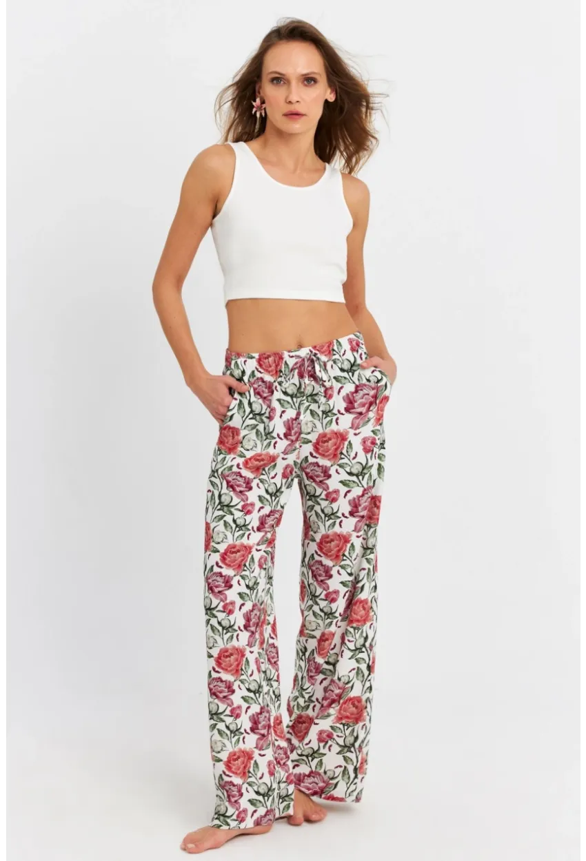 Kadın Ekru-Bordo Çiçek Desenli Pantolon FLS03