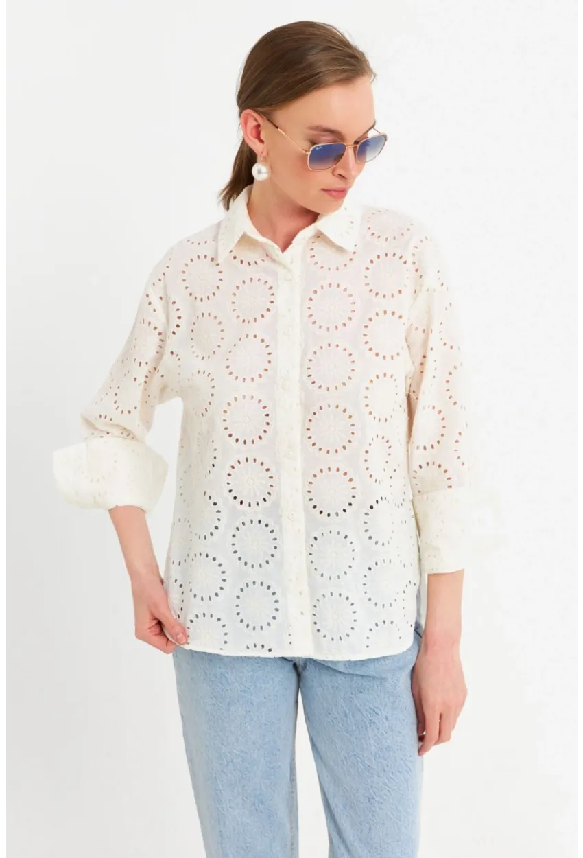 Kadın Ekru Brode Gömlek MCAR1144