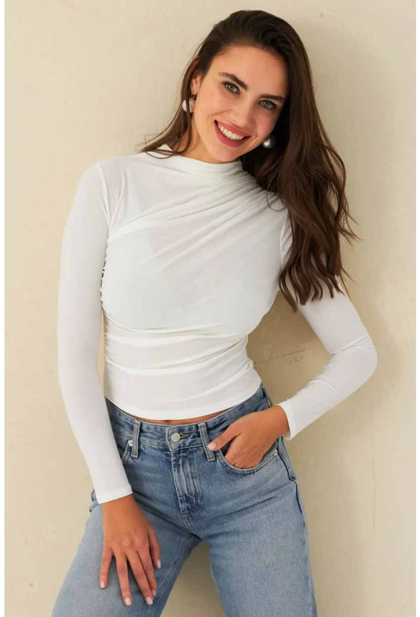 Kadın Ekru Büzgülü Bluz ELT3568