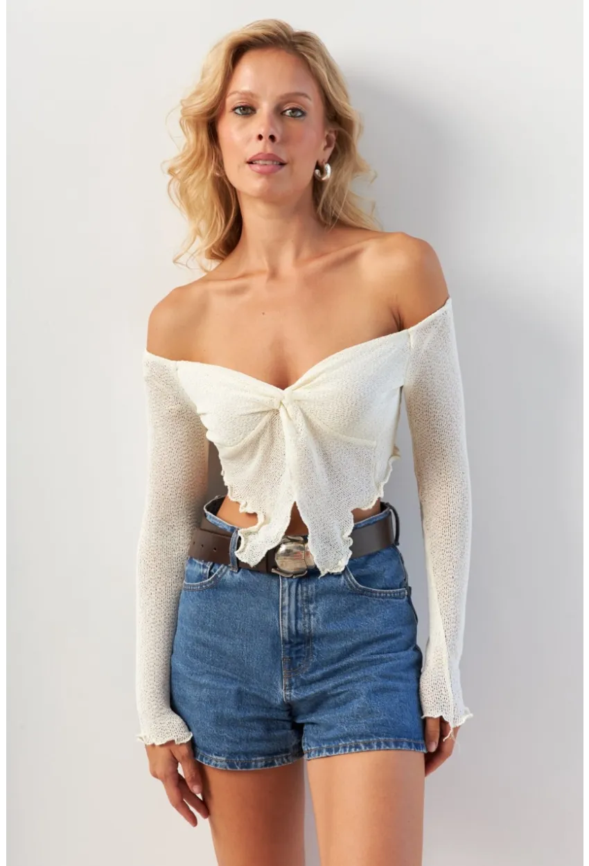 Kadın Ekru Büzgülü File Bluz OW146