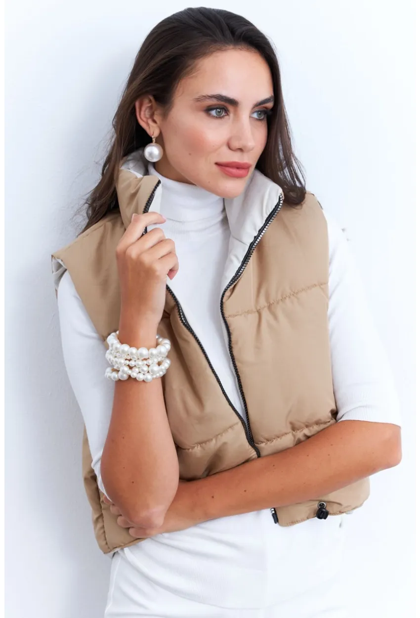 Kadın Ekru-Camel Çift Taraflı Şişme Kısa Yelek MX12