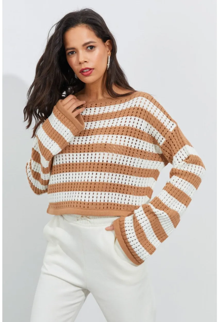 Kadın Ekru-Camel İspanyol Kol Ajurlu Triko Kısa Bluz YV109