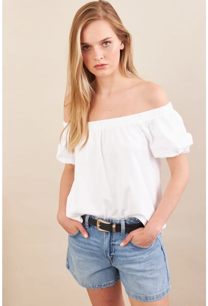 Kadın Ekru Carmen Yaka Balon Kol Bluz SAN106