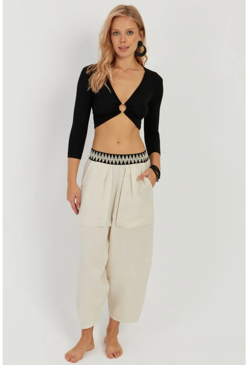 Kadın Ekru Cepli Şalvar Pantolon ÖM1203