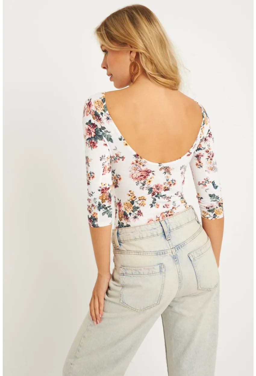 Kadın Ekru Çiçek Desenli Çıtçıtlı Body RK40
