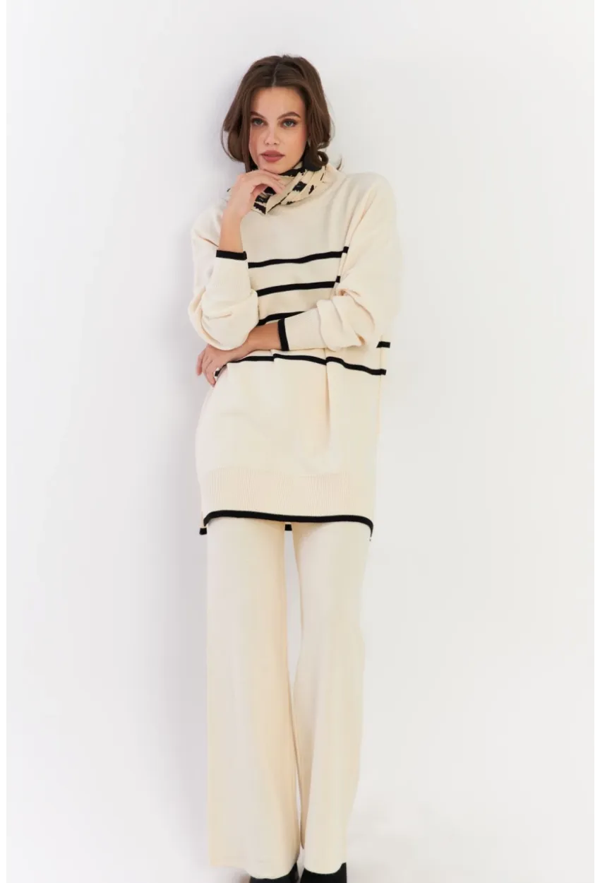 Kadın Ekru Çizgili Alt Üst Triko Takım NUV1069