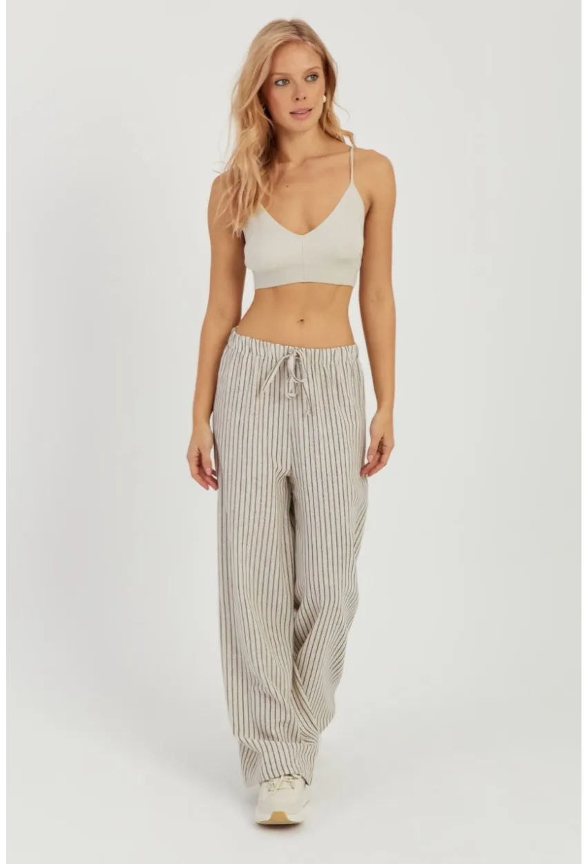 Kadın Ekru Çizgili Keten Pantolon Q986