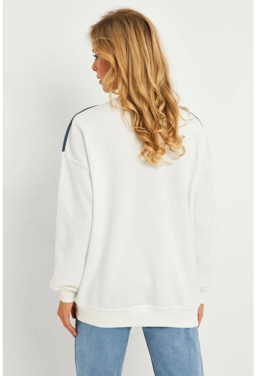 Kadın Ekru Denim Bloklu Sweatshirt PKA808