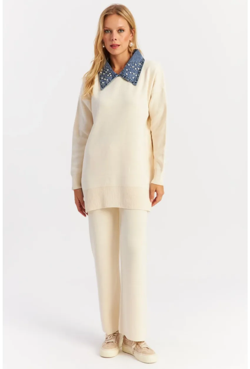 Kadın Ekru Denim Yakalı İncili Alt Üst Triko Takım NUV22