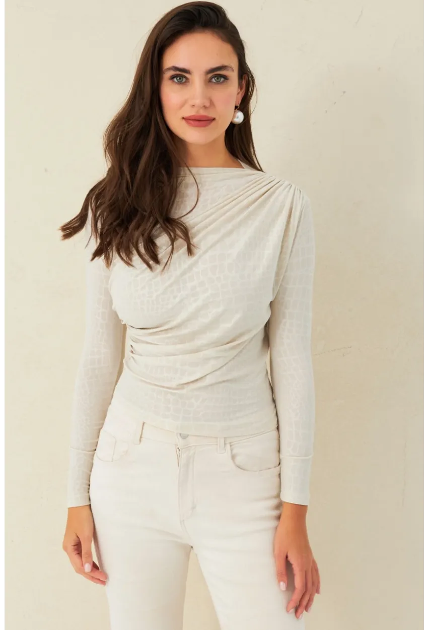 Kadın Ekru Desenli Büzgülü Bluz LPP1279