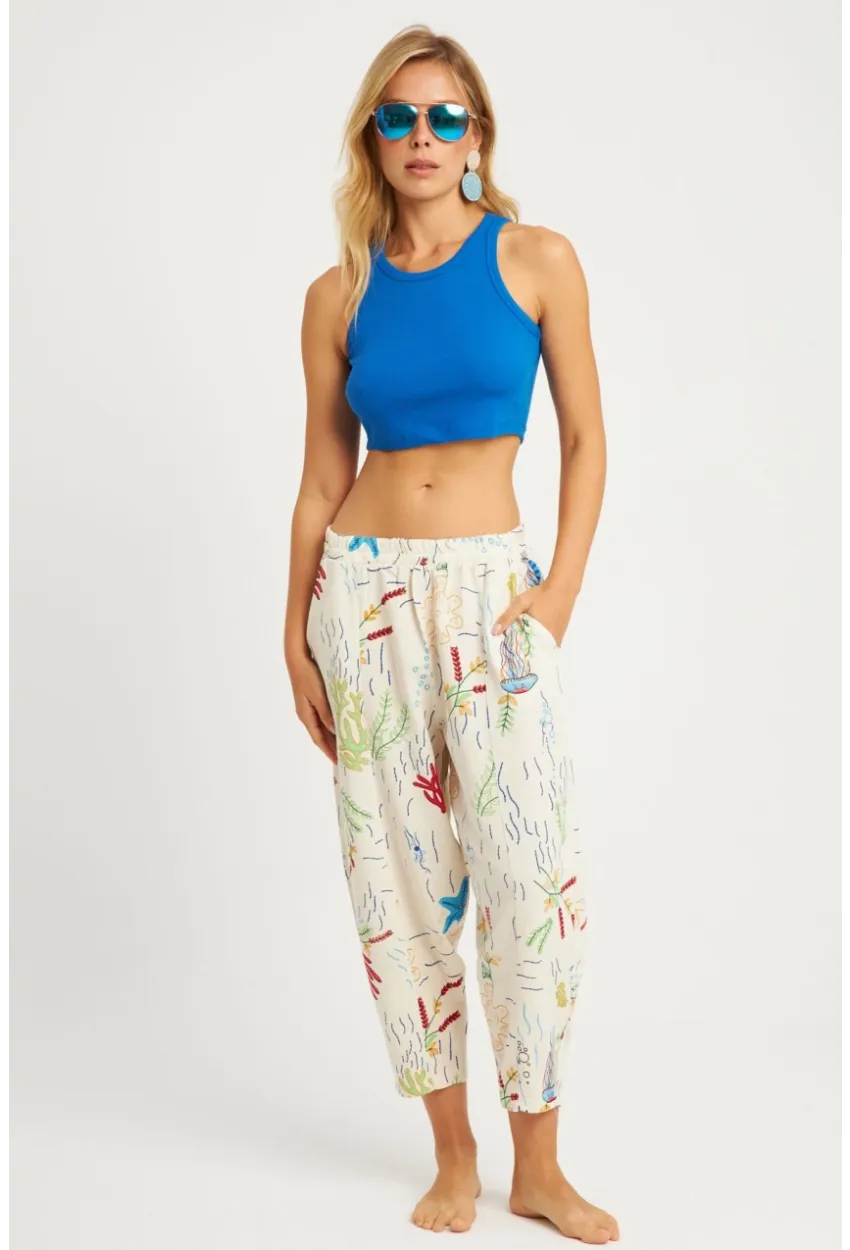 Kadın Ekru Desenli Keten Şalvar Pantolon K1253