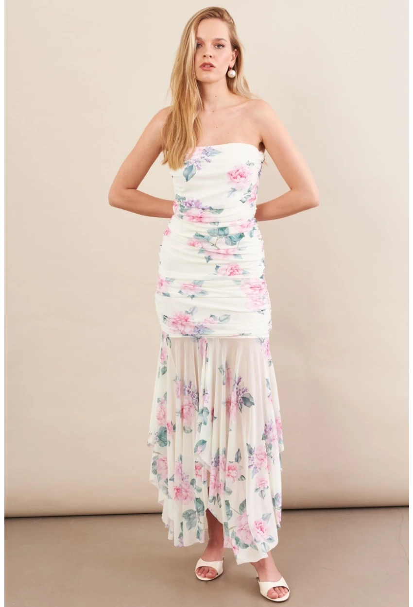 Kadın Ekru Drapeli Straplez Midi Tül Elbise ERL101