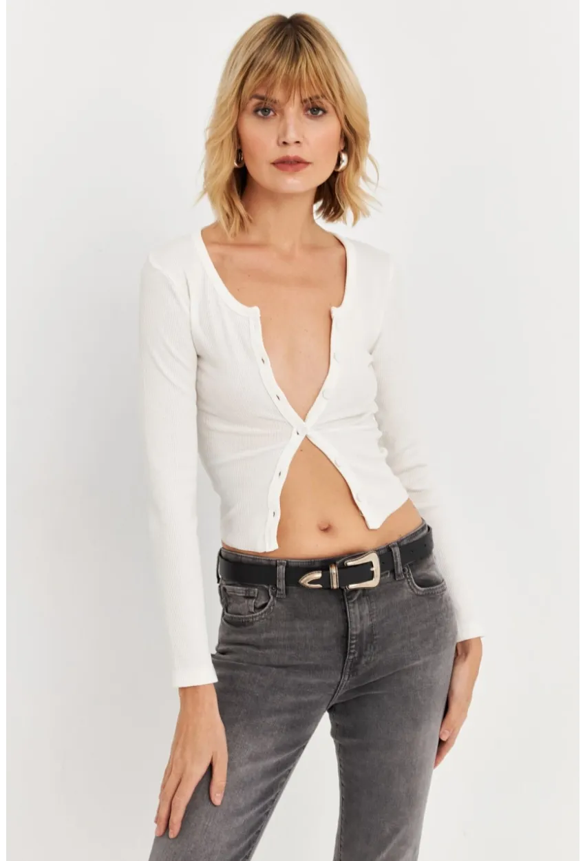 Kadın Ekru Düğme Detaylı Basic Bluz ALB3814