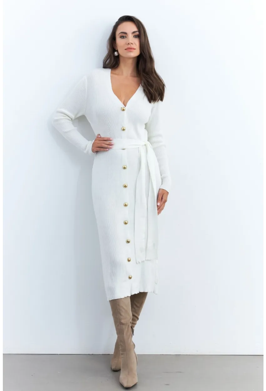 Kadın Ekru Düğme Detaylı Kuşaklı Midi Elbise MŞ1