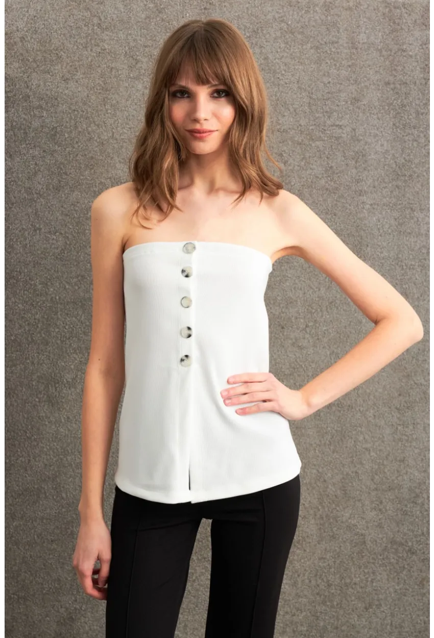 Kadın Ekru Düğme Detaylı Straplez Bluz CY355