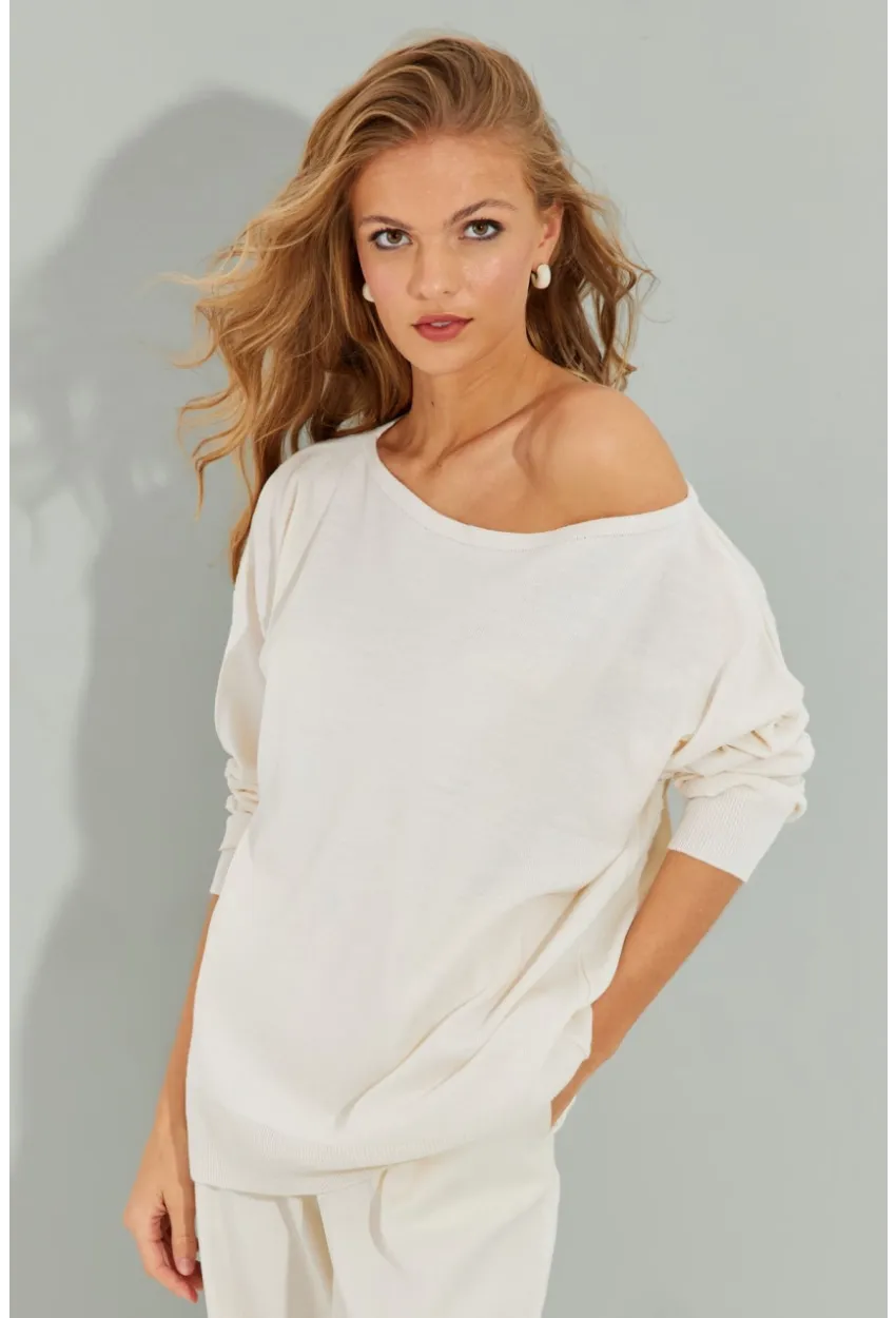 Kadın Ekru Düşük Omuz Triko Bluz YZ617