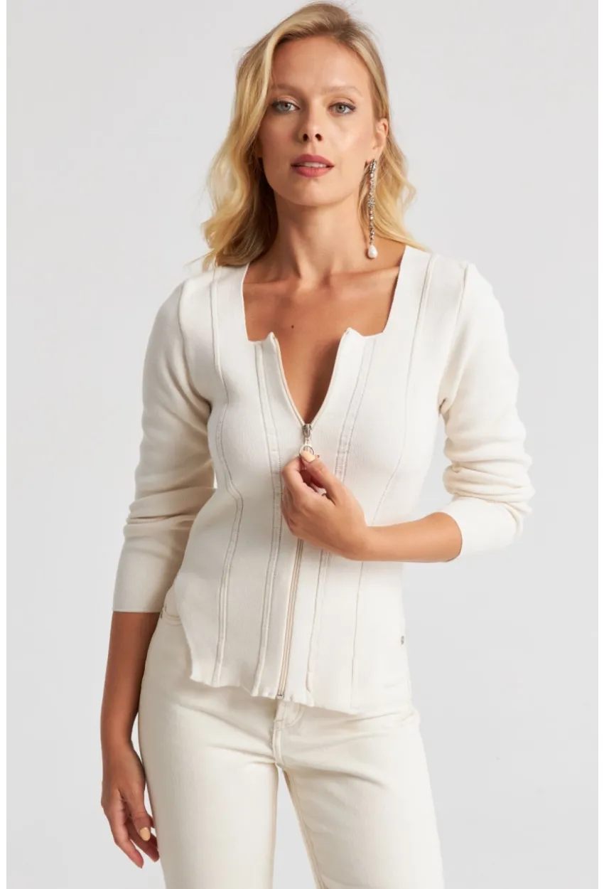 Kadın Ekru Fermuarlı Triko Kazak YZ523