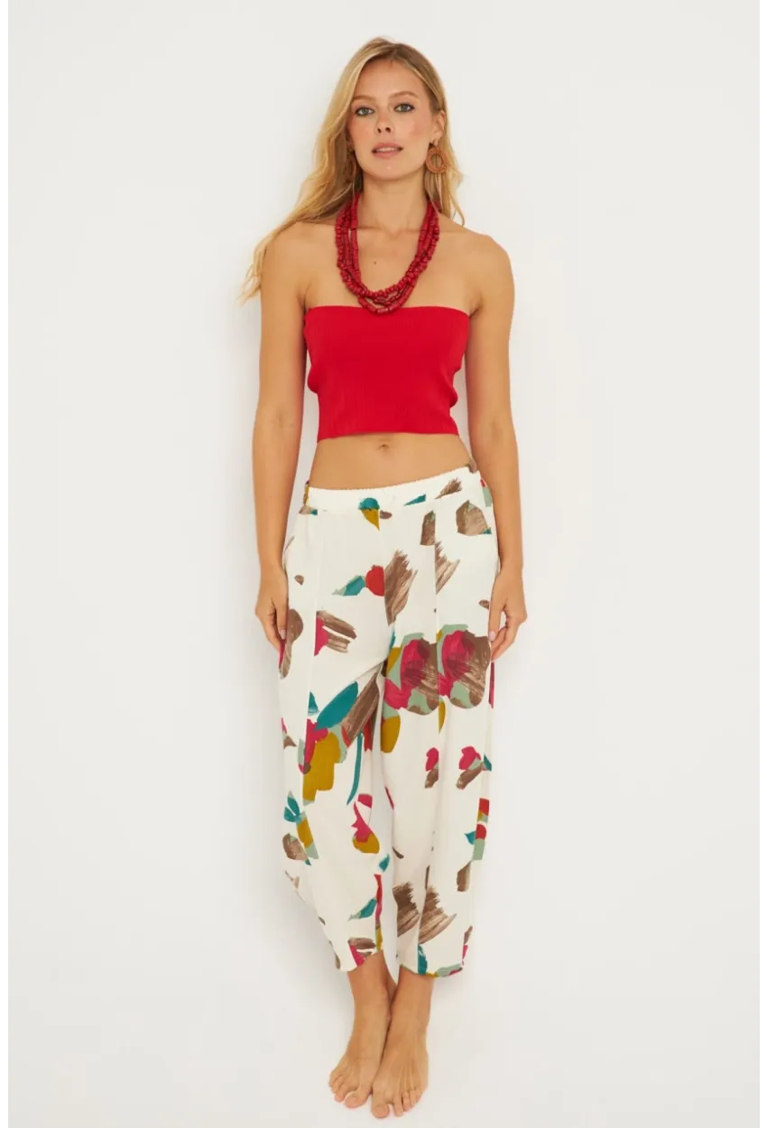 Kadın Ekru-Fuşya Desenli Keten Şalvar Pantolon K1253