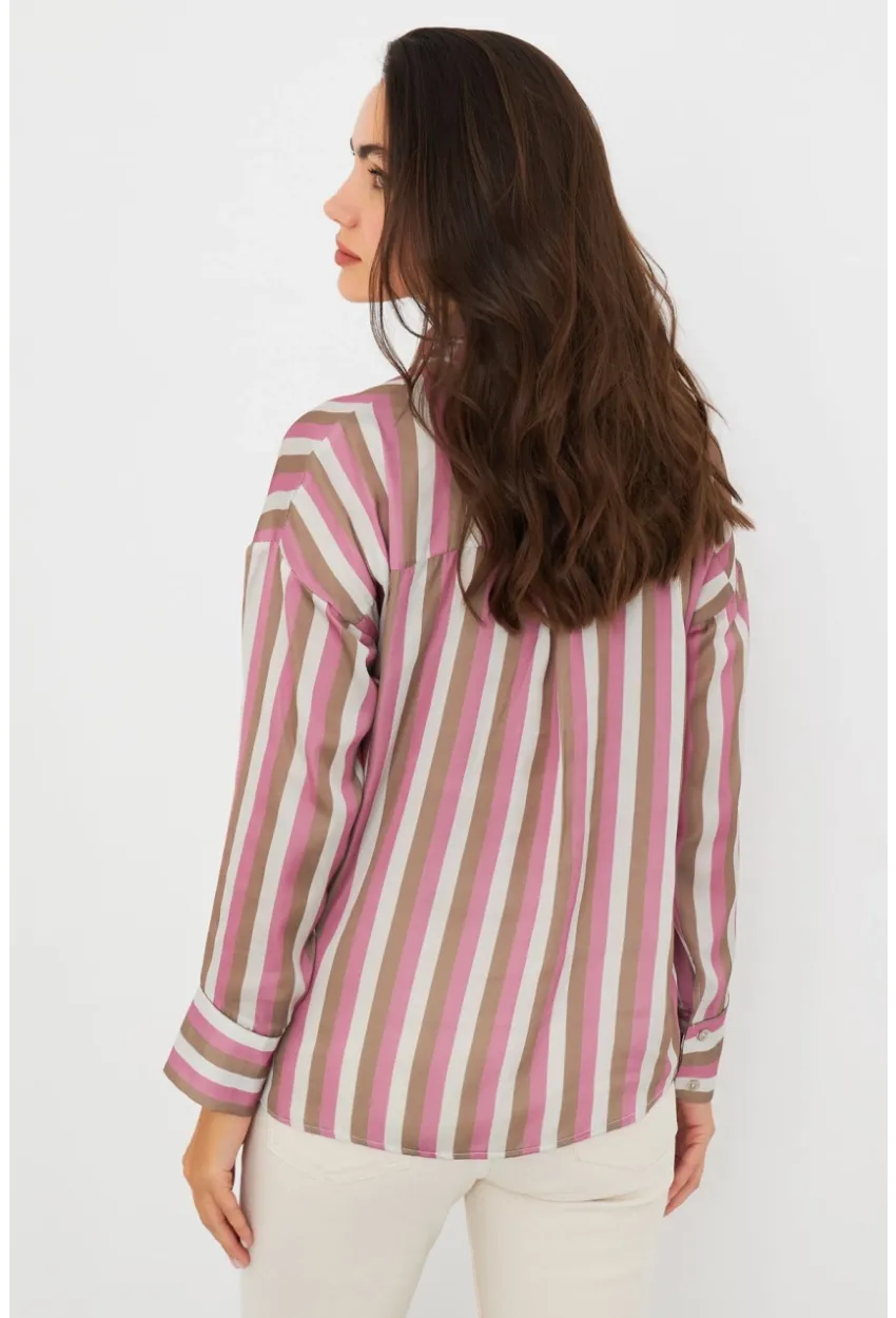 Kadın Ekru-Fuşya Desenli Saten Gömlek MSHR500