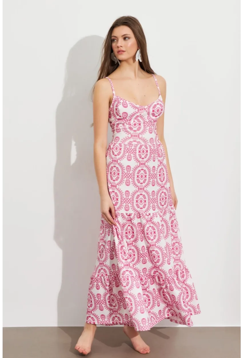 Kadın Ekru-Fuşya Sırt Dekolteli Desenli Maxi Elbise LİT110