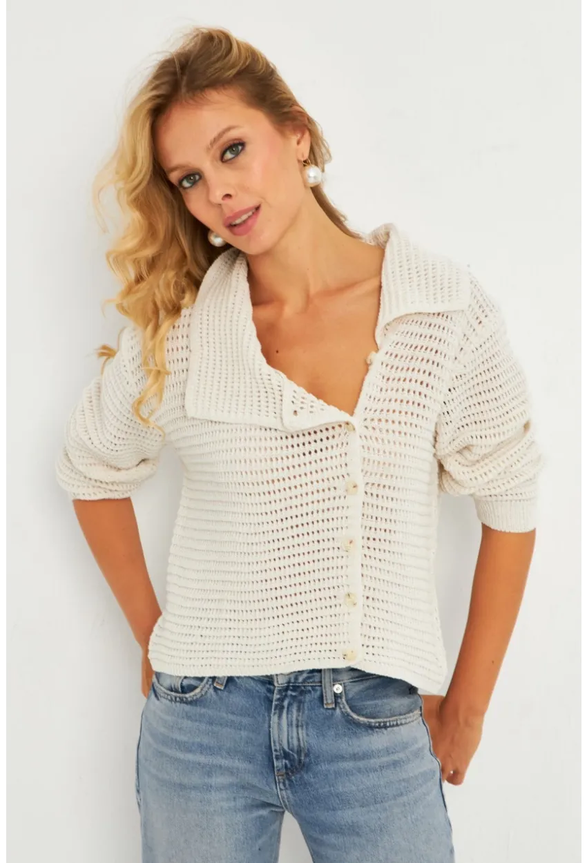 Kadın Ekru Geniş Yakalı Triko Hırka MİW4571