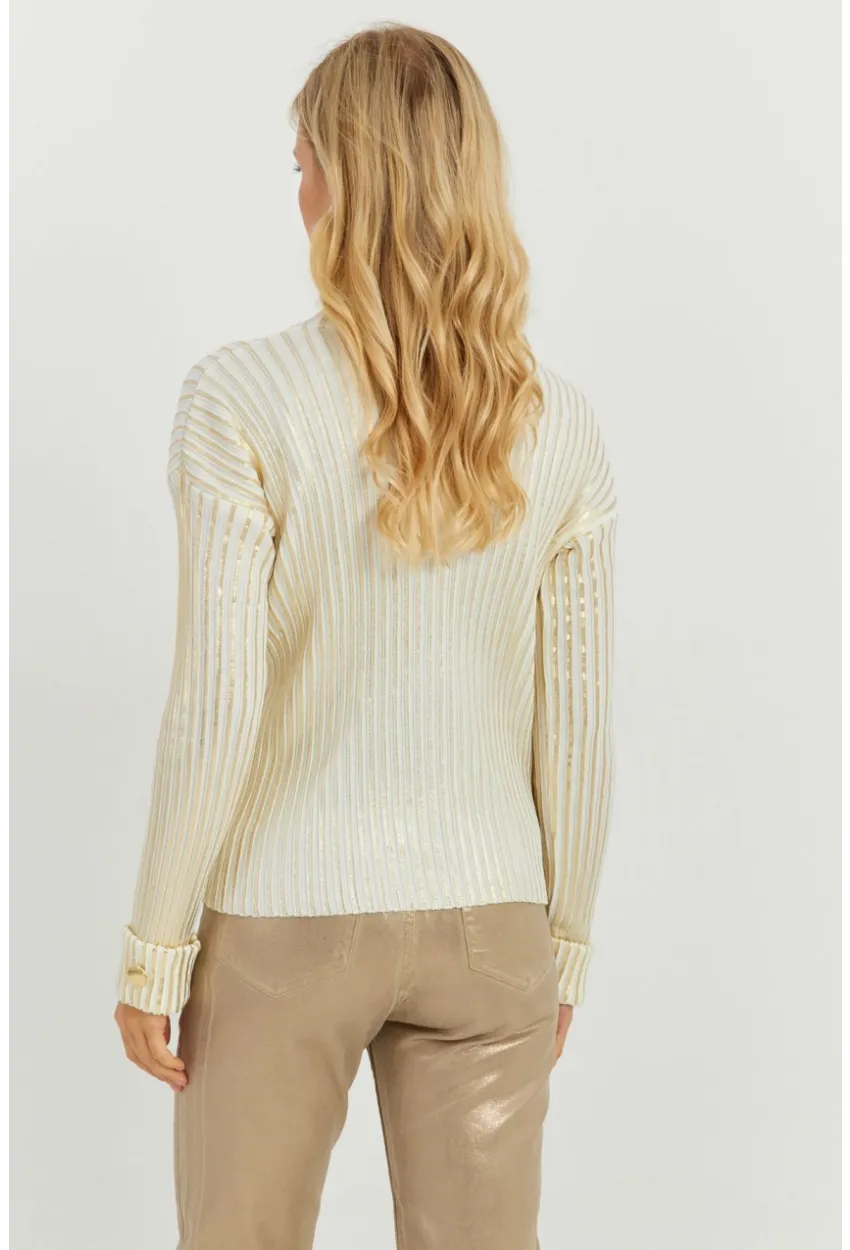 Kadın Ekru-Gold Düğme Detaylı Varaklı Triko Kazak SF2532
