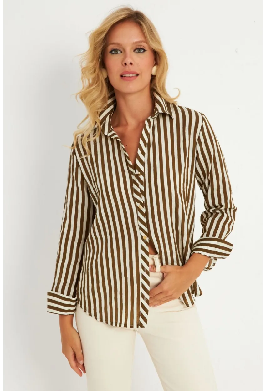 Kadın Ekru-Haki Çizgili Gömlek KED709
