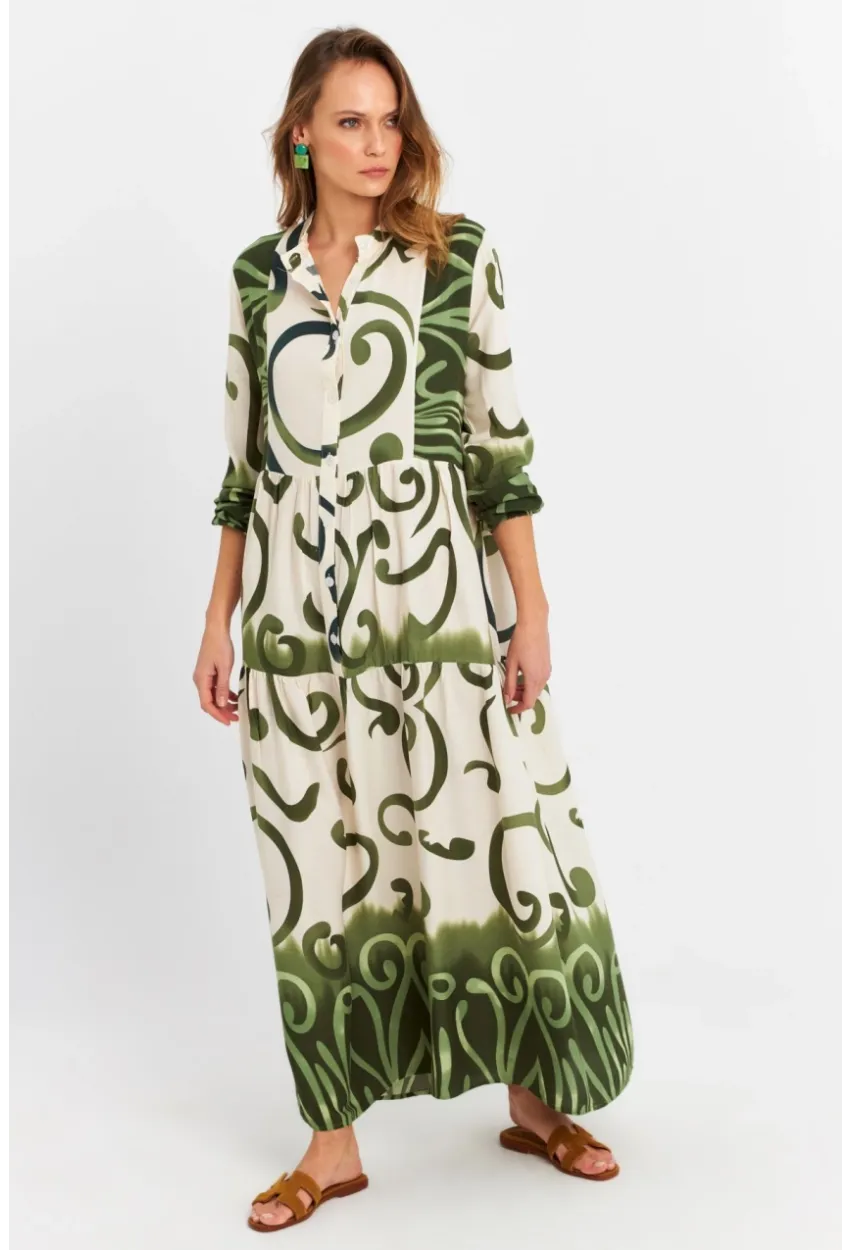 Kadın Ekru-Haki Desenli Salaş Maxi Elbise MASF0020