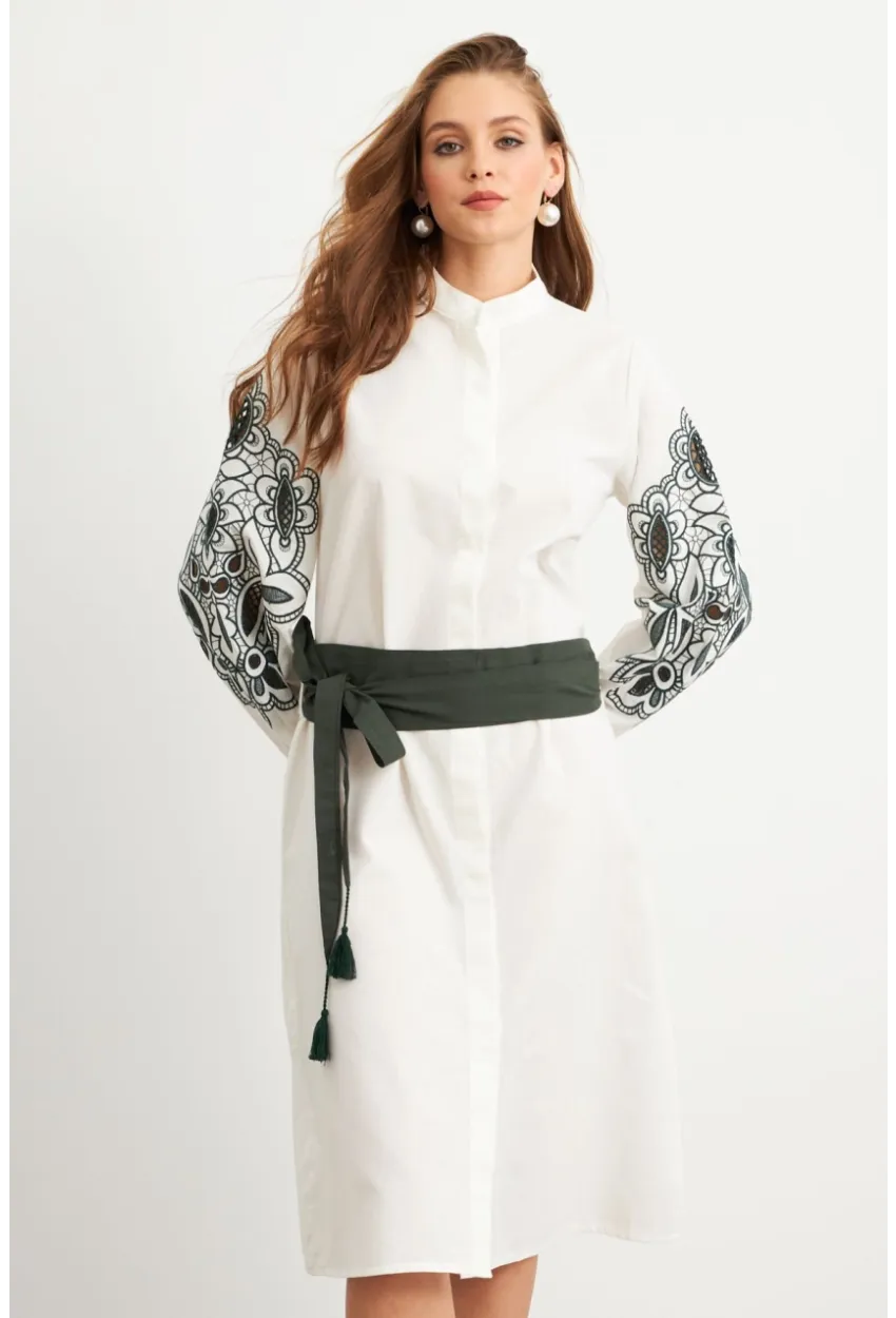 Kadın Ekru-Haki Nakış Detaylı Keten Gömlek Elbise MQS1839-90
