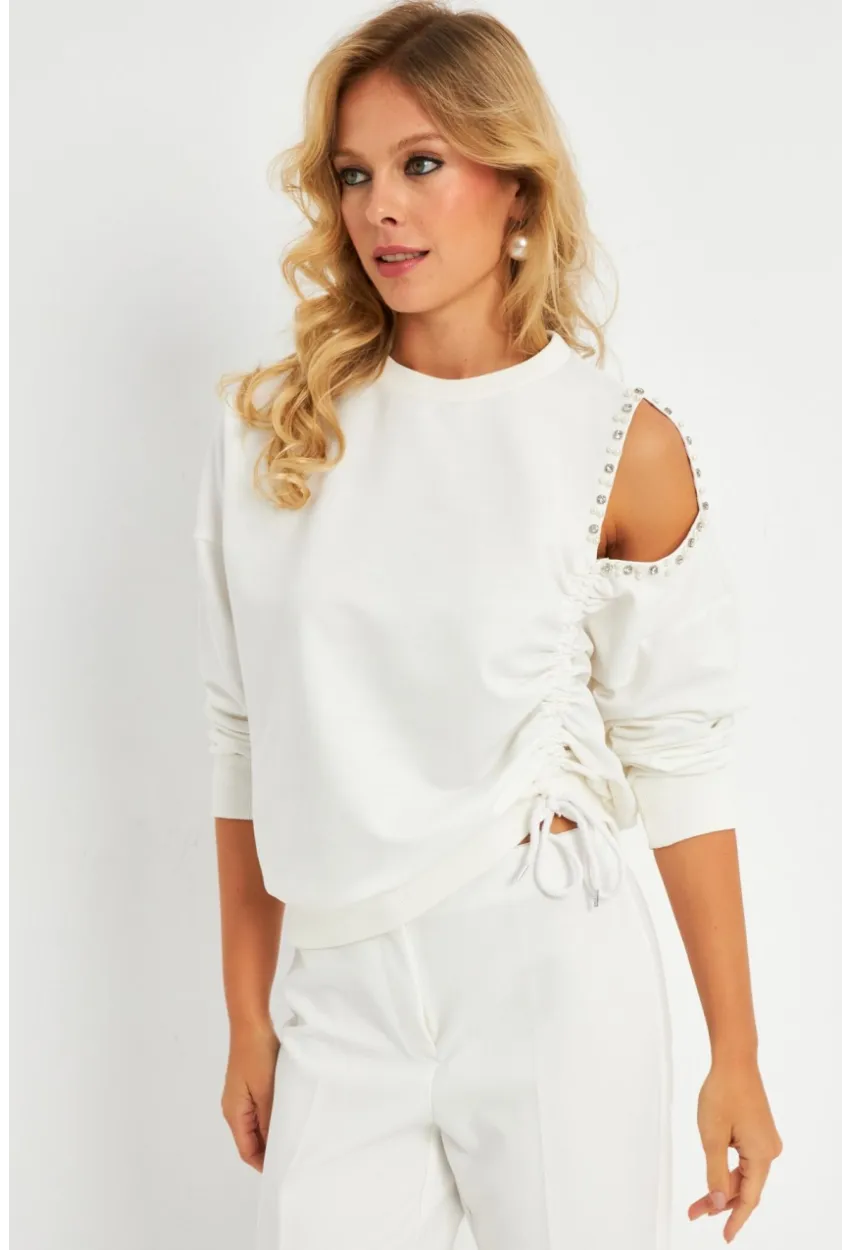 Kadın Ekru İnci Detaylı Büzgülü Sweatshirt RLO04