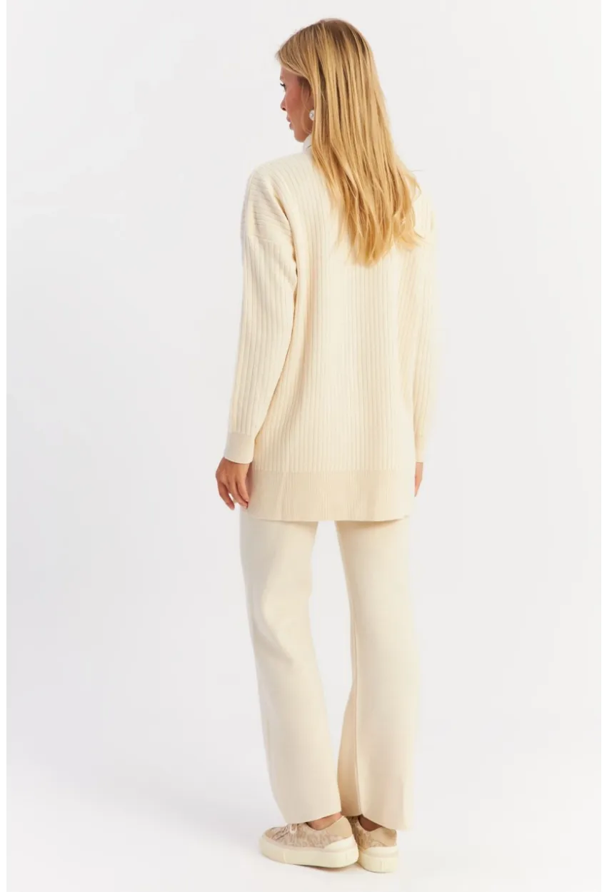 Kadın Ekru İnci Düğmeli Hırka Triko Alt Üst Takım MNUV26