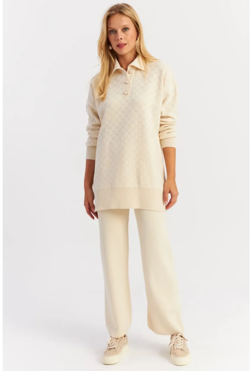 Kadın Ekru İnci Düğmeli Triko Alt Üst Takım NUV33