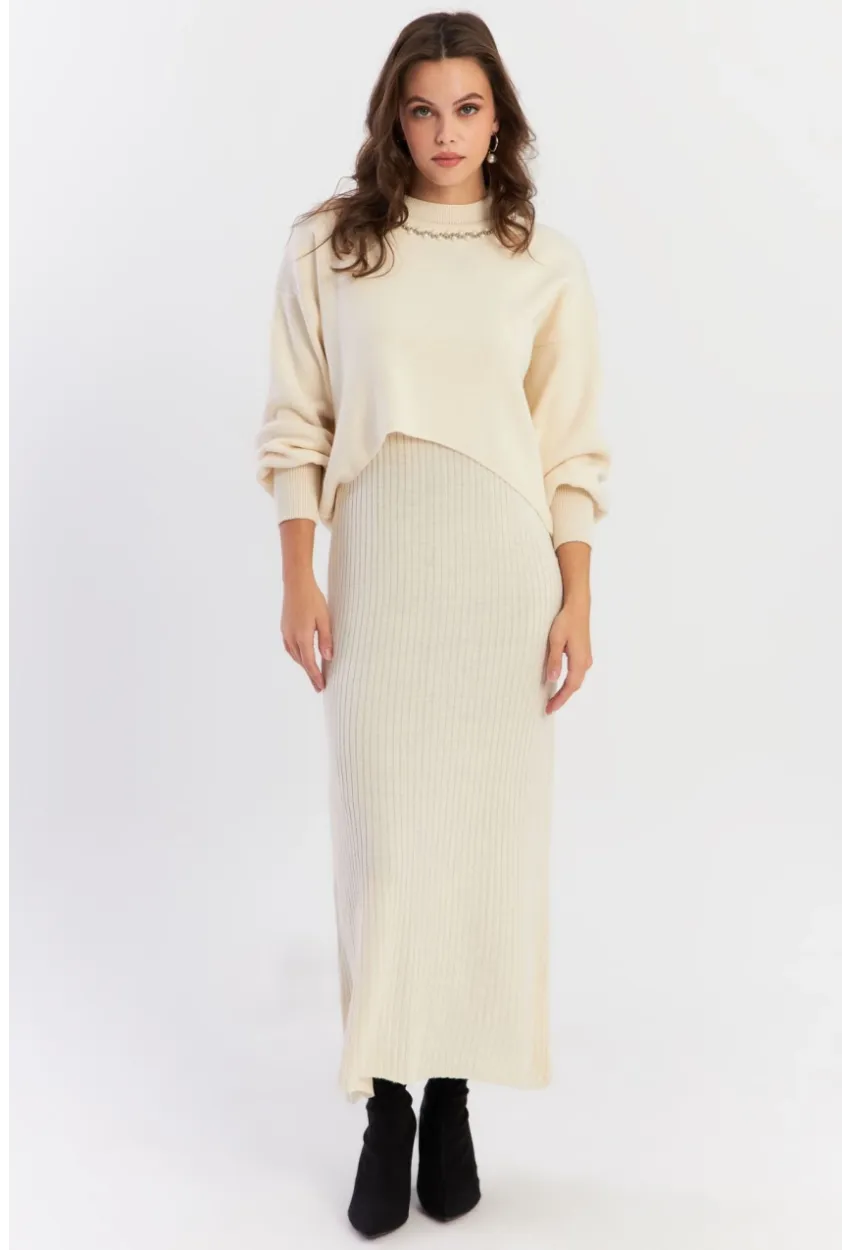 Kadın Ekru İncili Alt Üst Triko Takım NUV37