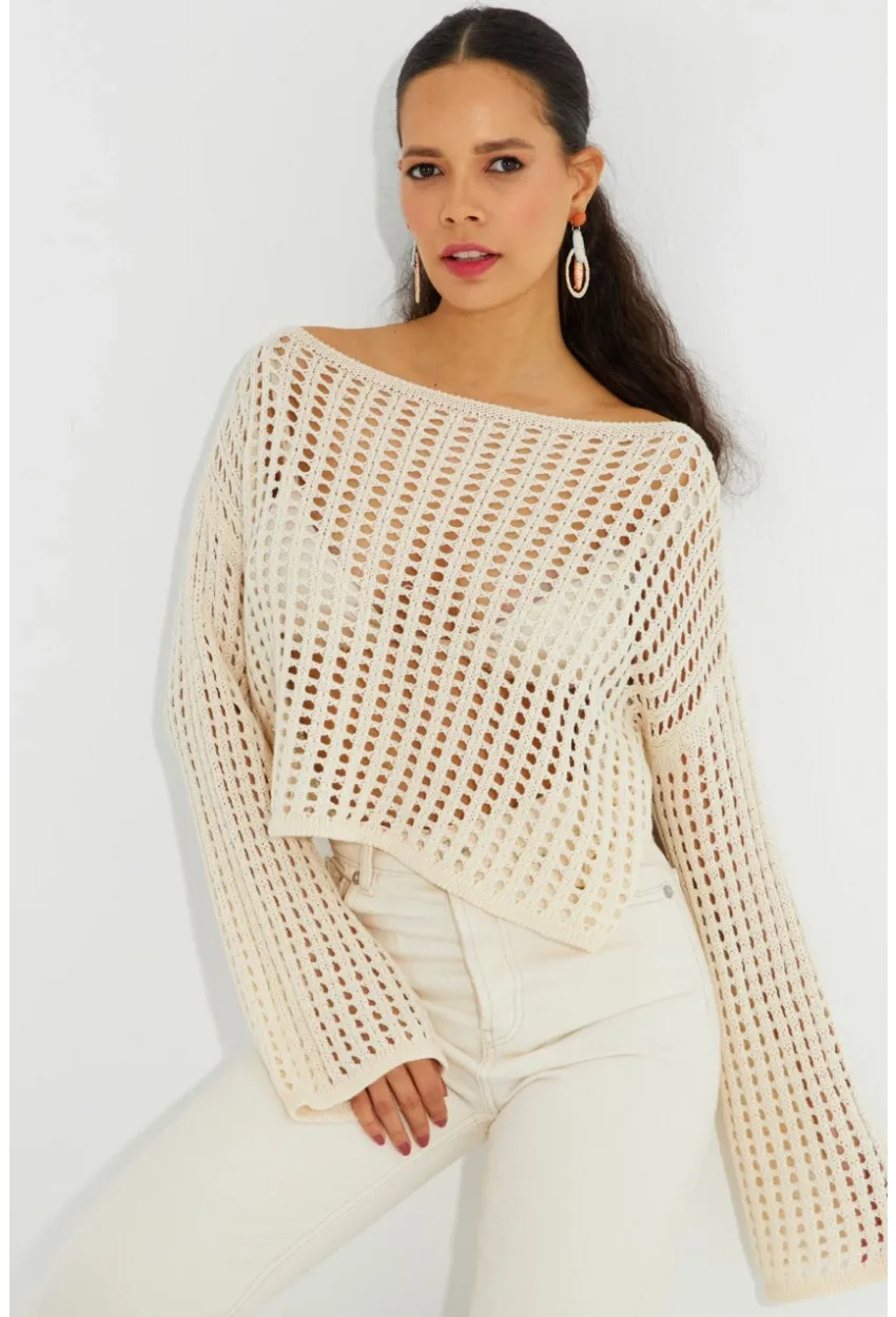 Kadın Ekru İspanyol Kol Ajurlu Triko Kısa Bluz SMT181