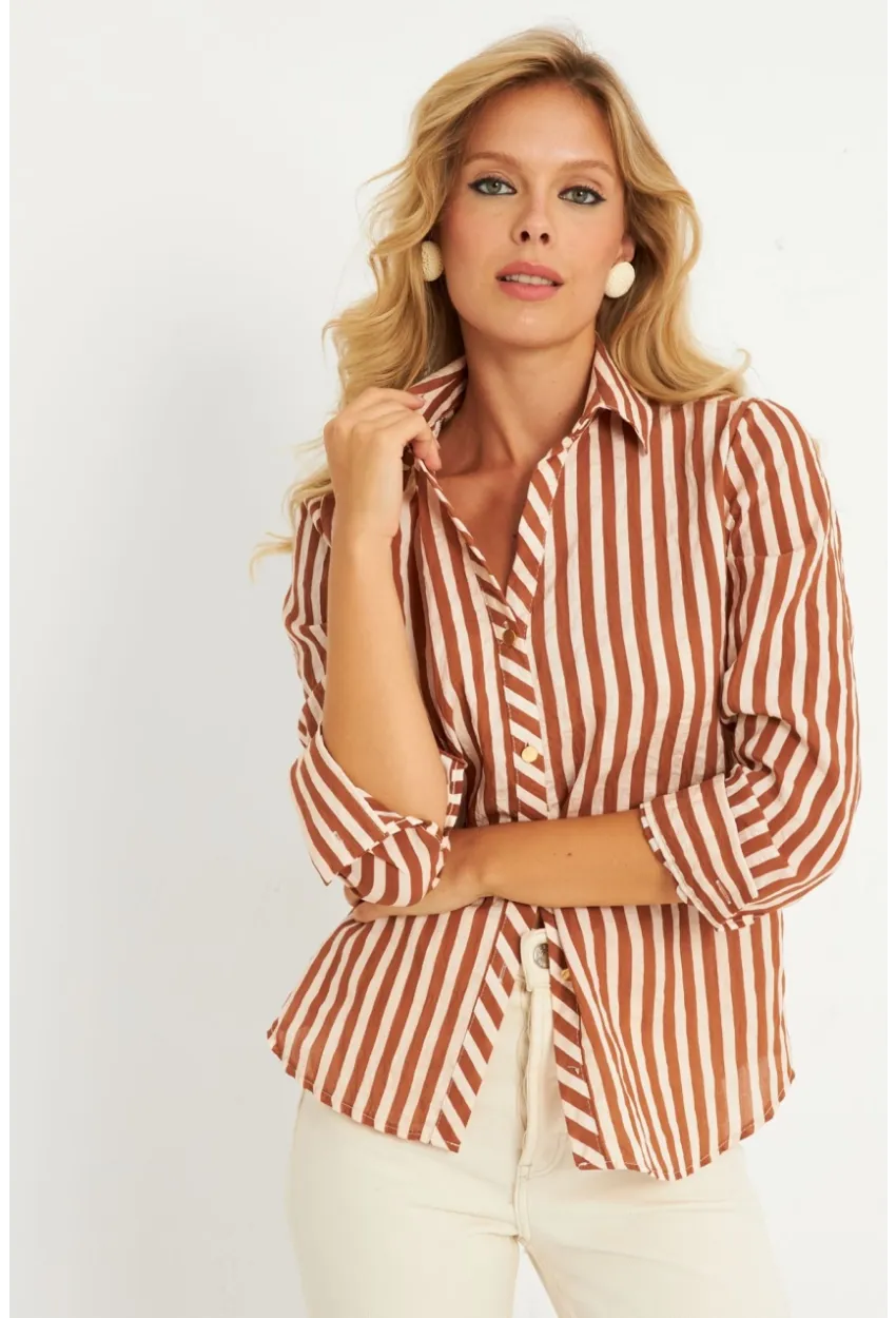 Kadın Ekru-Kahve Çizgili Gömlek KED709