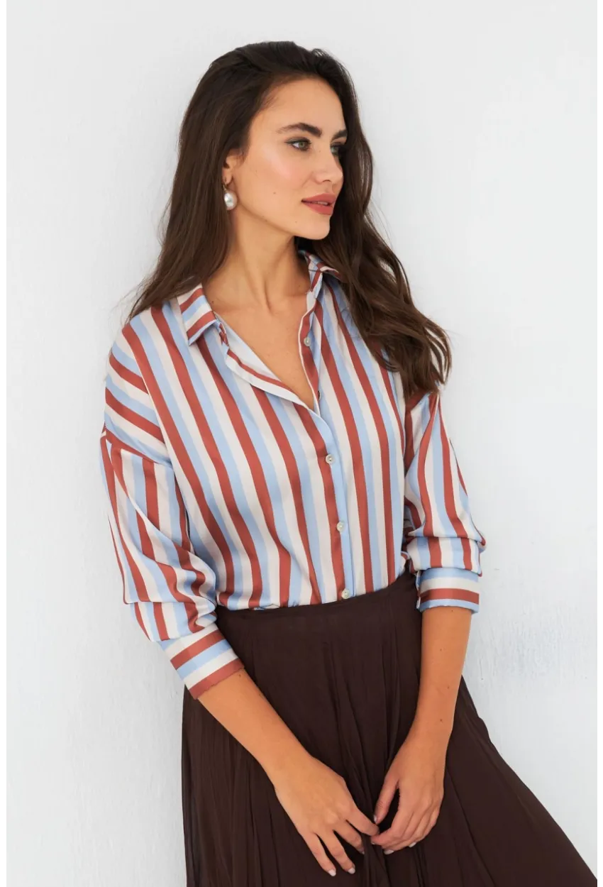 Kadın Ekru-Kahve Çizgili Saten Gömlek SHR9