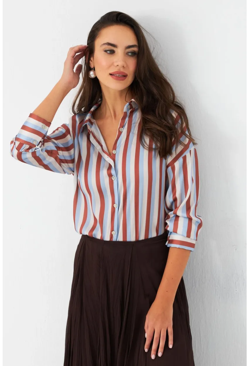 Kadın Ekru-Kahve Çizgili Saten Gömlek SHR9