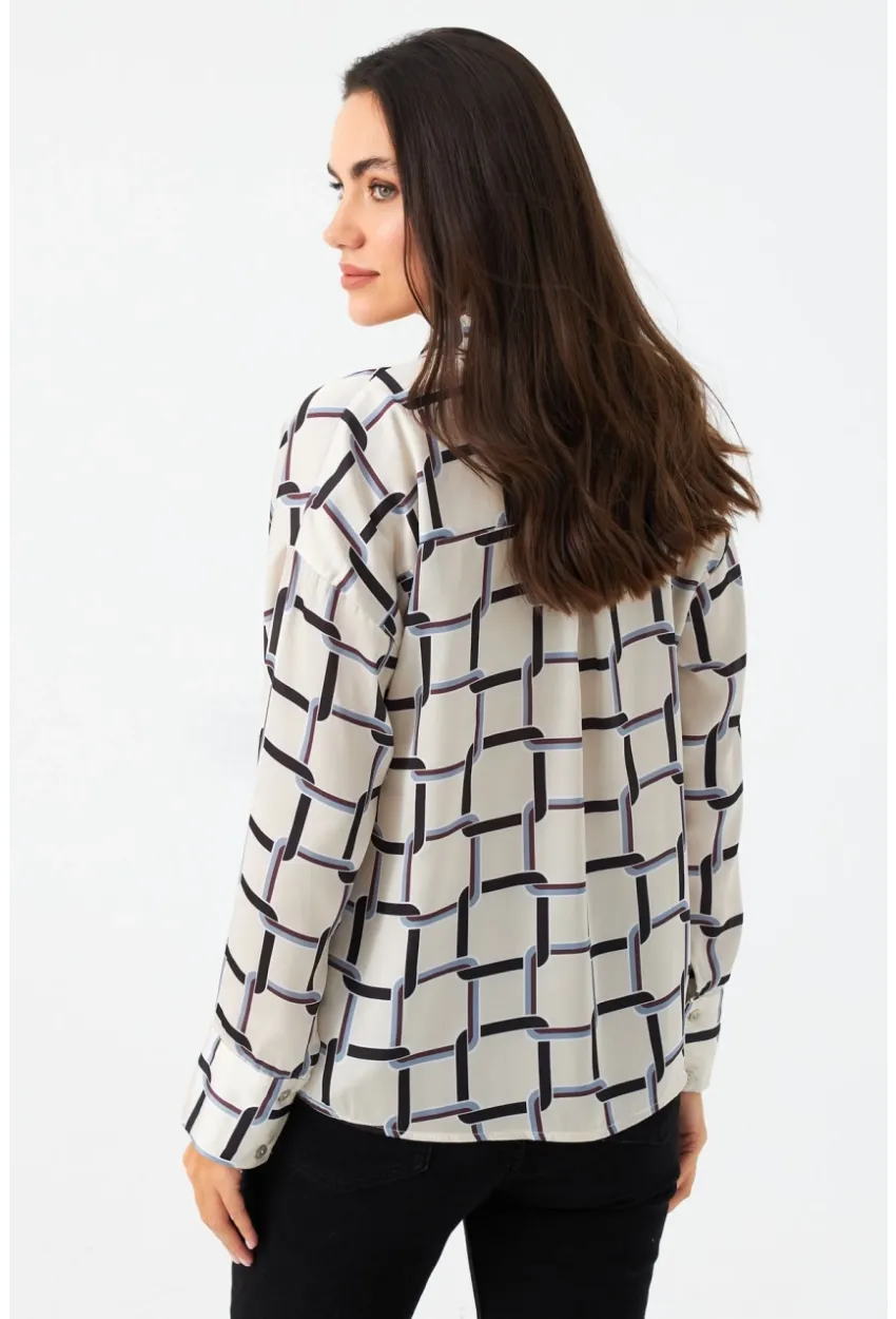 Kadın Ekru-Kahve Desenli Saten Gömlek MSHR500