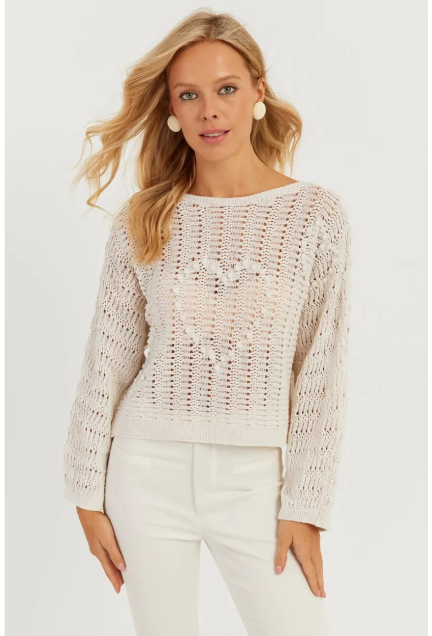 Kadın Ekru Kalpli Ajurlu Triko Bluz MİW3761