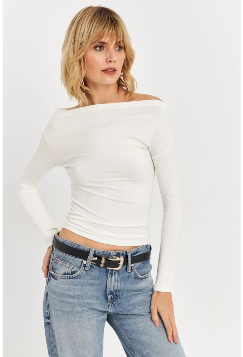 Kadın Ekru Kayık Yaka Bluz LPP1254