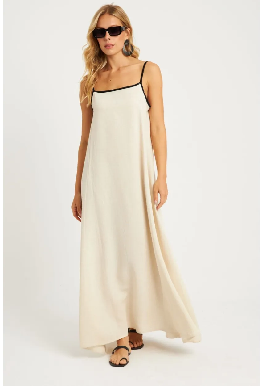Kadın Ekru Keten Midi Elbise GÇ174