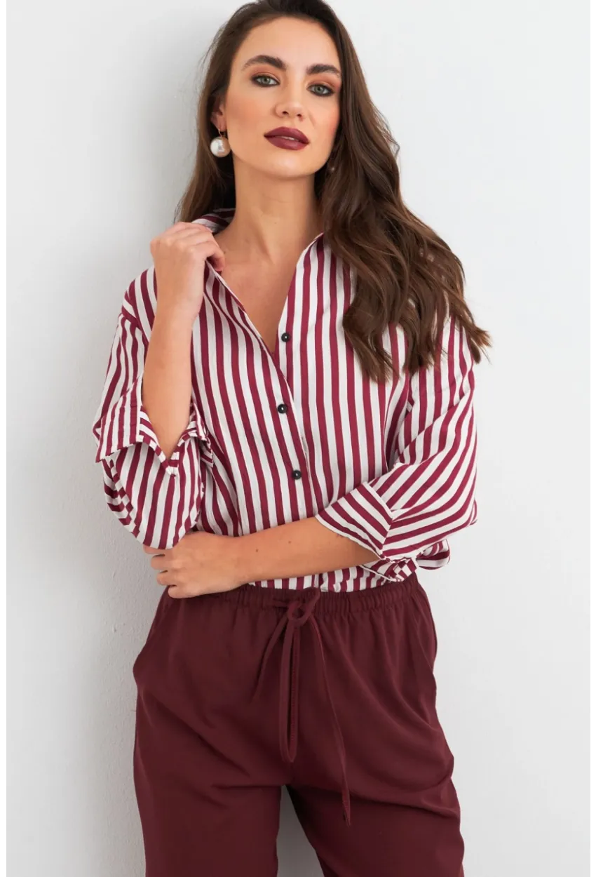 Kadın Ekru-Kiremit Çizgili Salaş Gömlek ELA6932