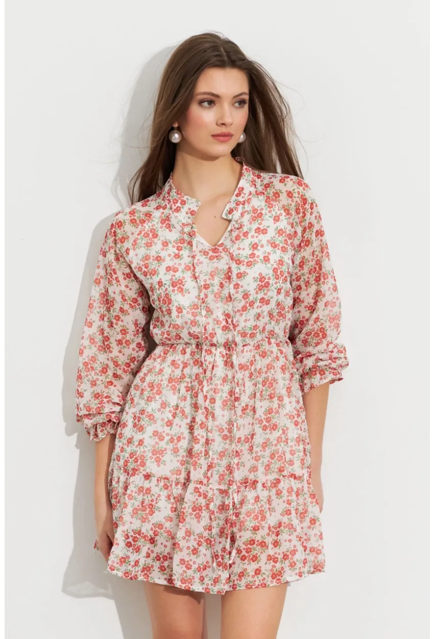 Kadın Ekru-Kırmızı Desenli Şifon Mini Elbise ROP107