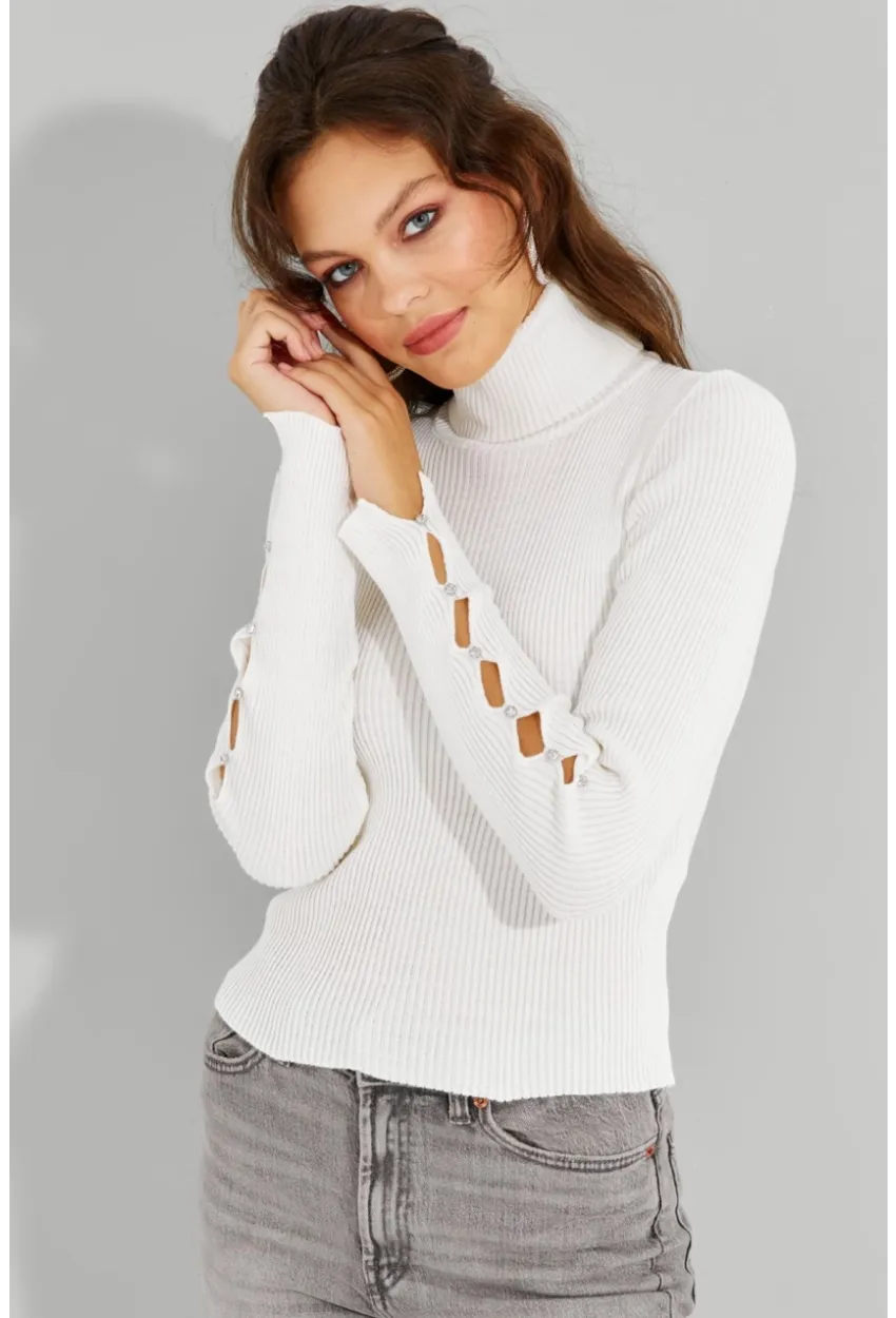 Kadın Ekru Kolları Taş Detaylı Balıkçı Kazak SF2185