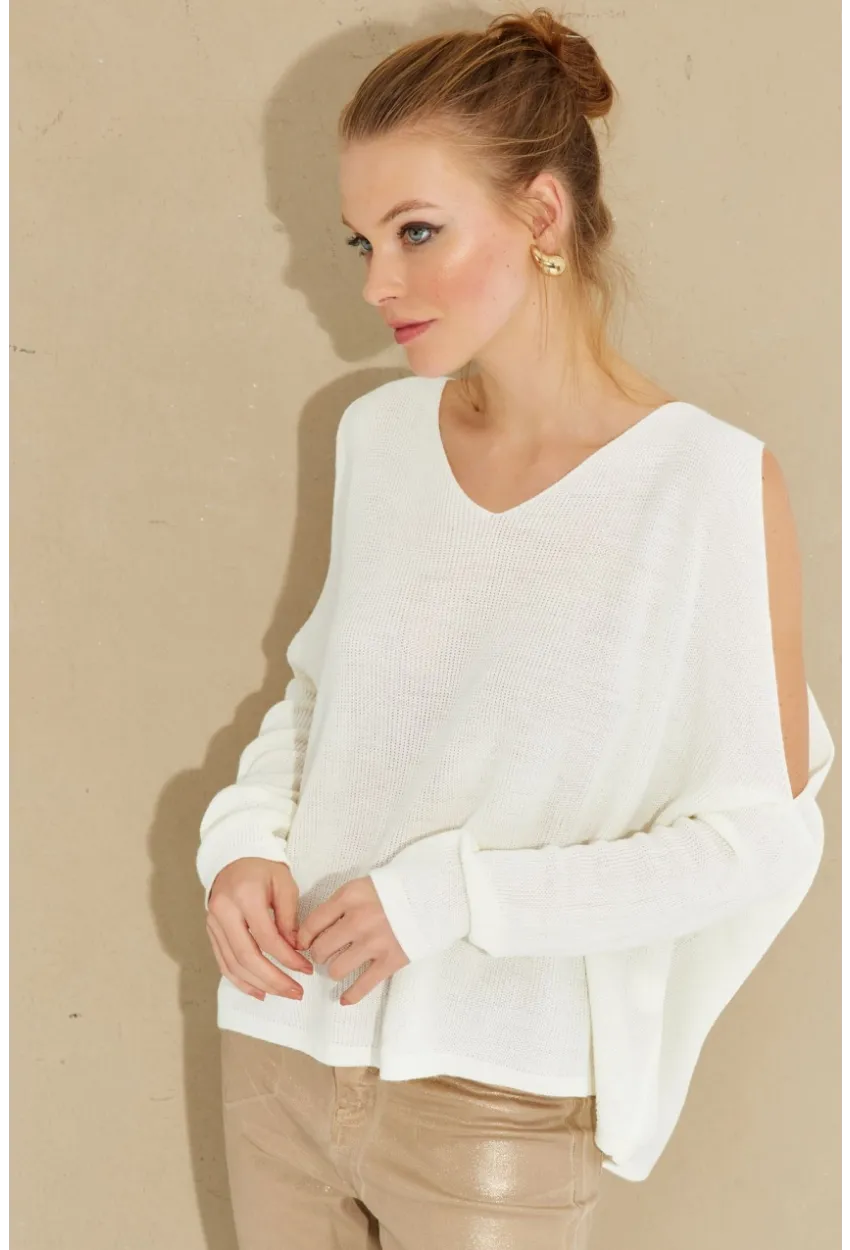 Kadın Ekru Kolu Yırtmaçlı Triko Bluz SMT221