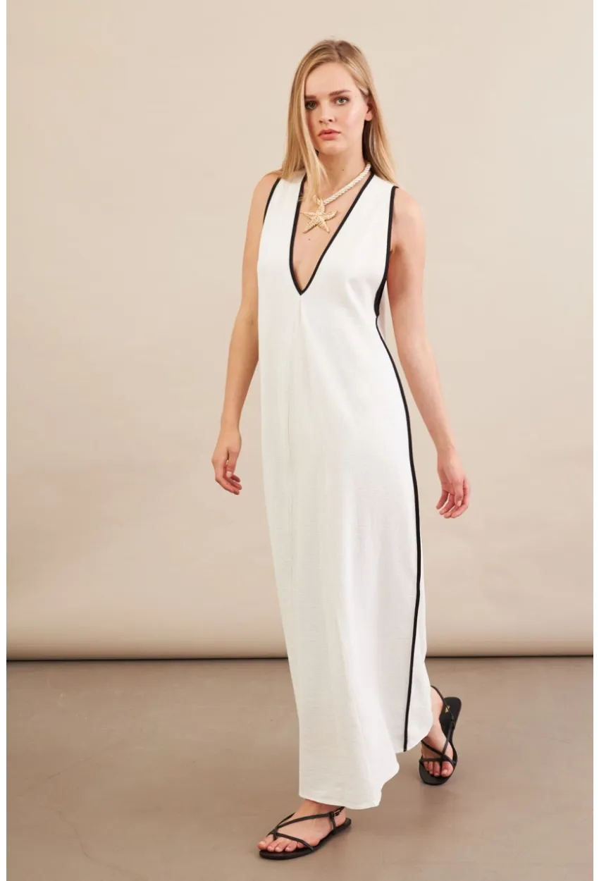 Kadın Ekru Kontrast Çizgili Maxi Keten Elbise MSİ101